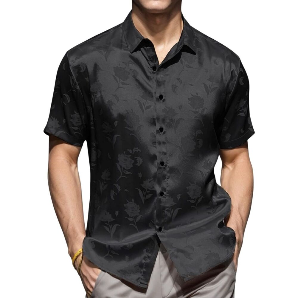 Forever Young Satin Jacquard Black Floral Shirt Size Medium